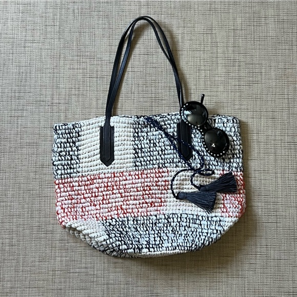 J. Crew Striped Straw Woven Market Bag Good Condition - Picture 2 of 12